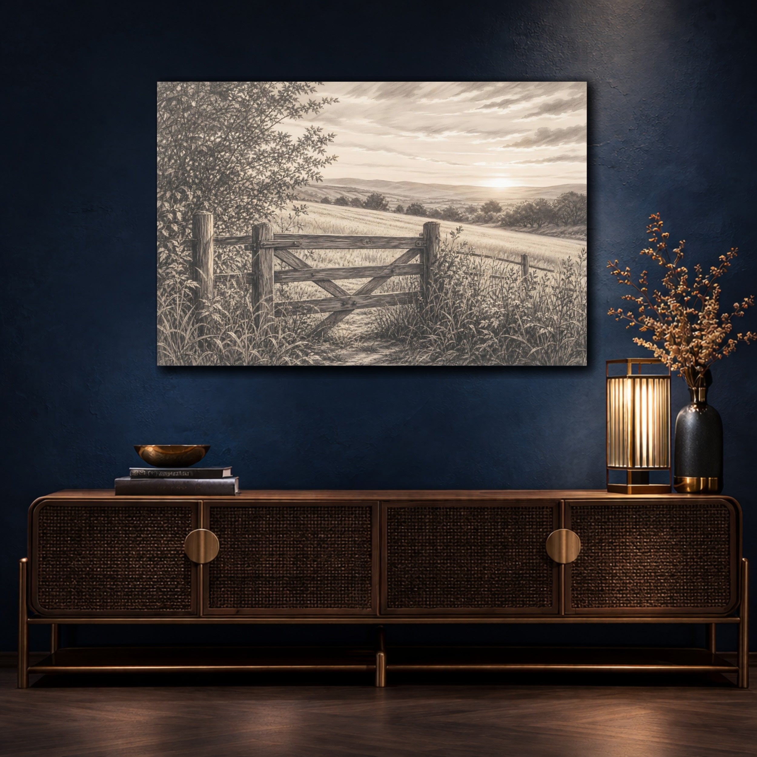 Mockup 4. Nature Countryside Gate Sepia Landscape shown as stretched canvas wall art