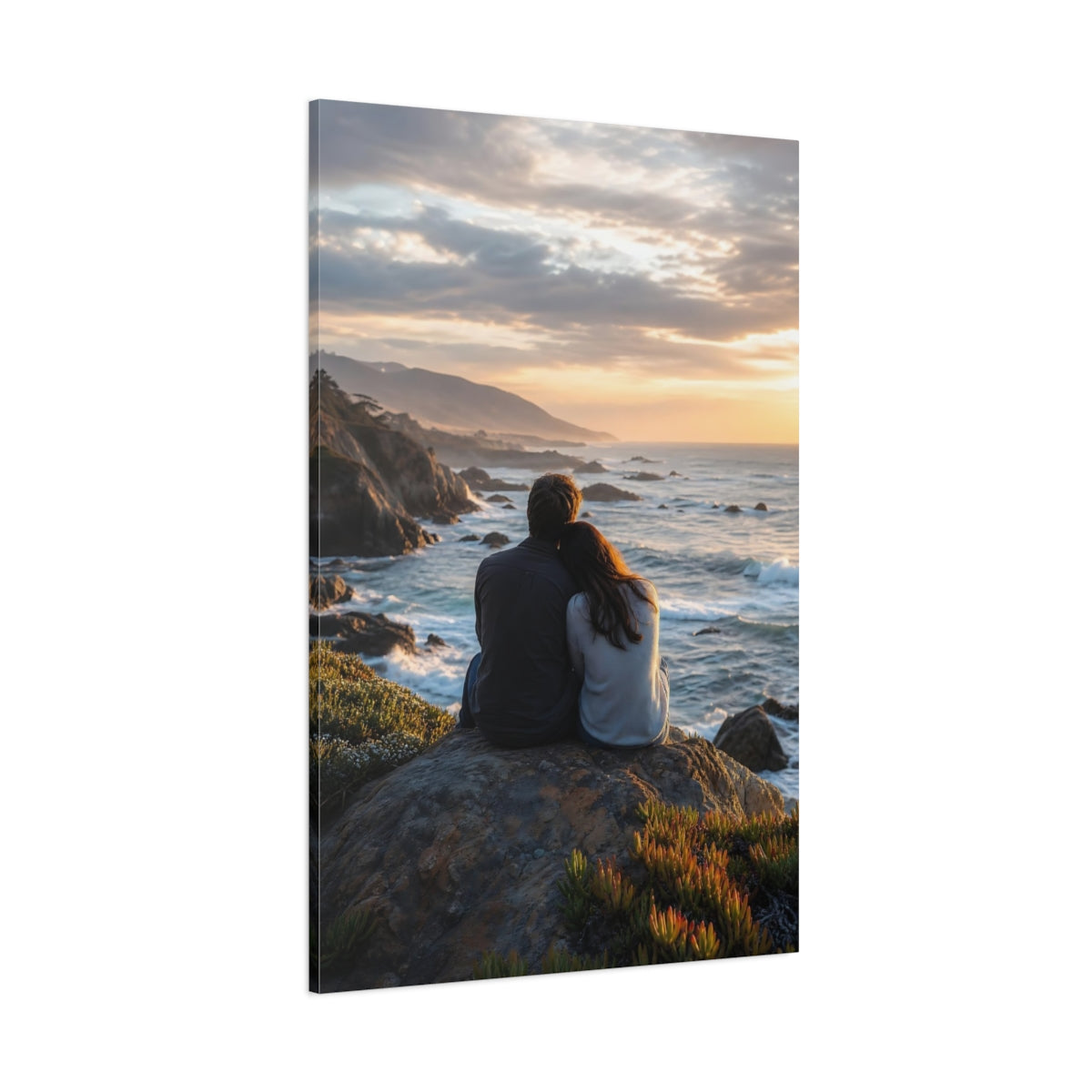 Side Mockup 1. Nature Couple Ocean Sunset Couple shown as stretched canvas wall art