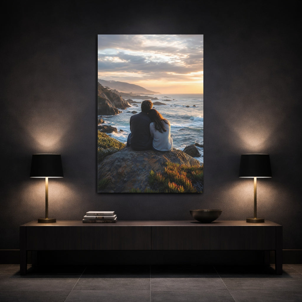 Mockup 3. Nature Couple Ocean Sunset Couple shown as stretched canvas wall art