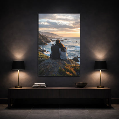Nature Couple Ocean Sunset Canvas Wall Art Print - Realistic Decor for Living Room shown as canvas wall art