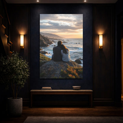 Nature Couple Ocean Sunset Canvas Wall Art Print - Realistic Decor for Living Room shown as canvas wall art