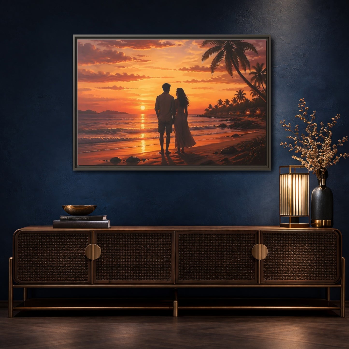 Mockup 4. Nature Couple Sunset Orange Sunset shown as stretched canvas wall art