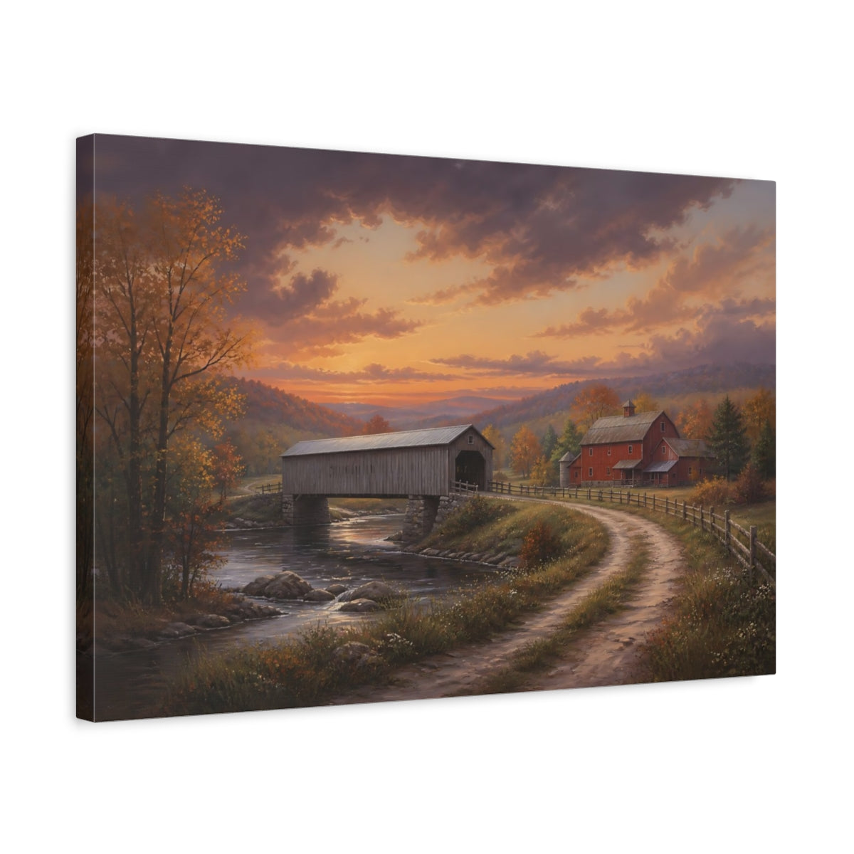 Side Mockup 3. Nature Covered Bridge Autumn Covered Bridge shown as stretched canvas wall art