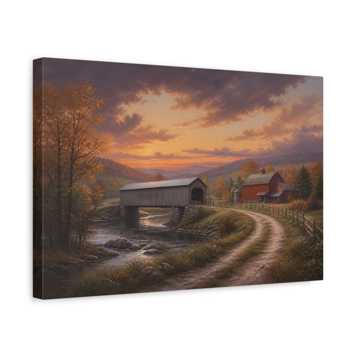 Side Mockup 4. Nature Covered Bridge Autumn Covered Bridge shown as stretched canvas wall art
