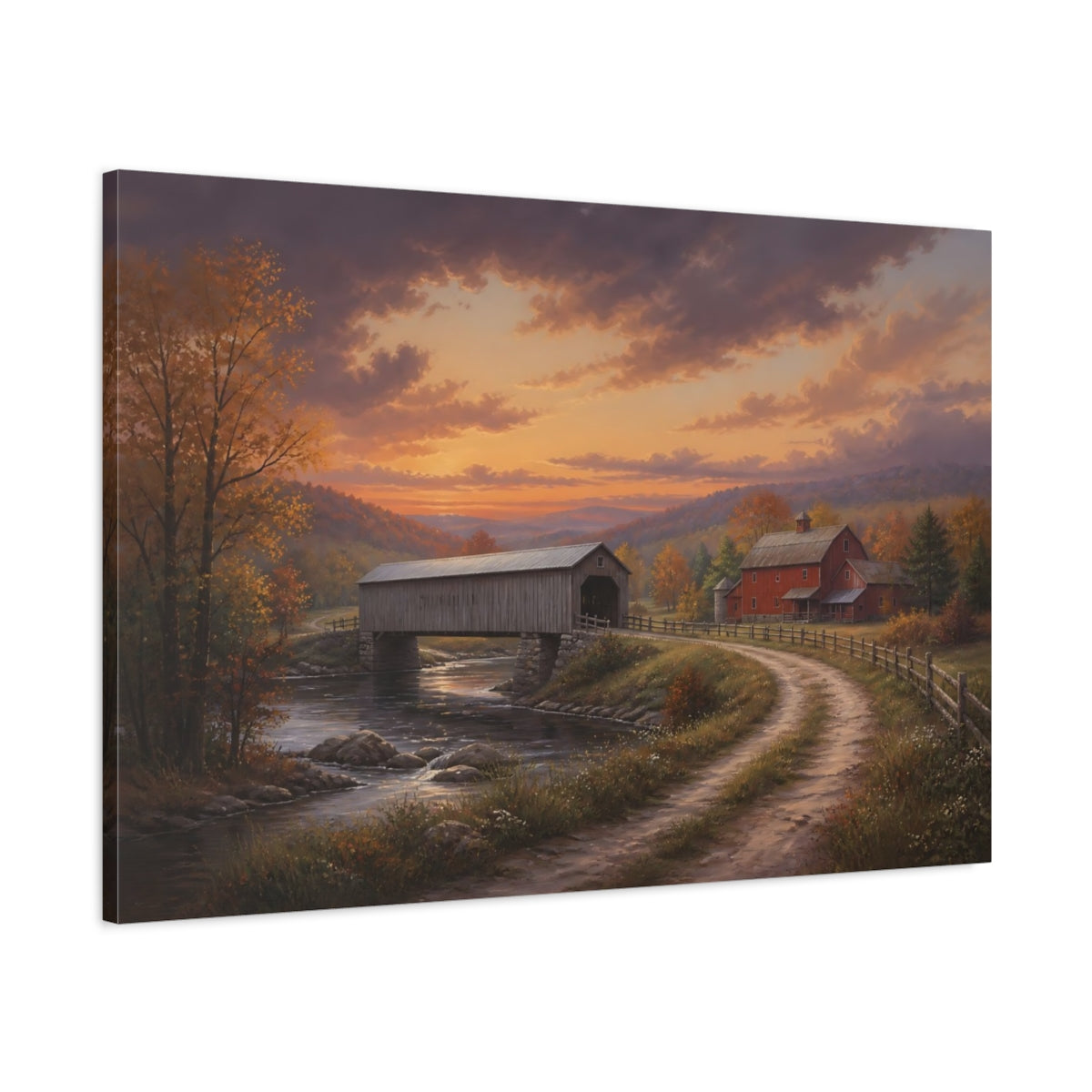 Main Mockup. Nature Covered Bridge Autumn Covered Bridge shown as stretched canvas wall art