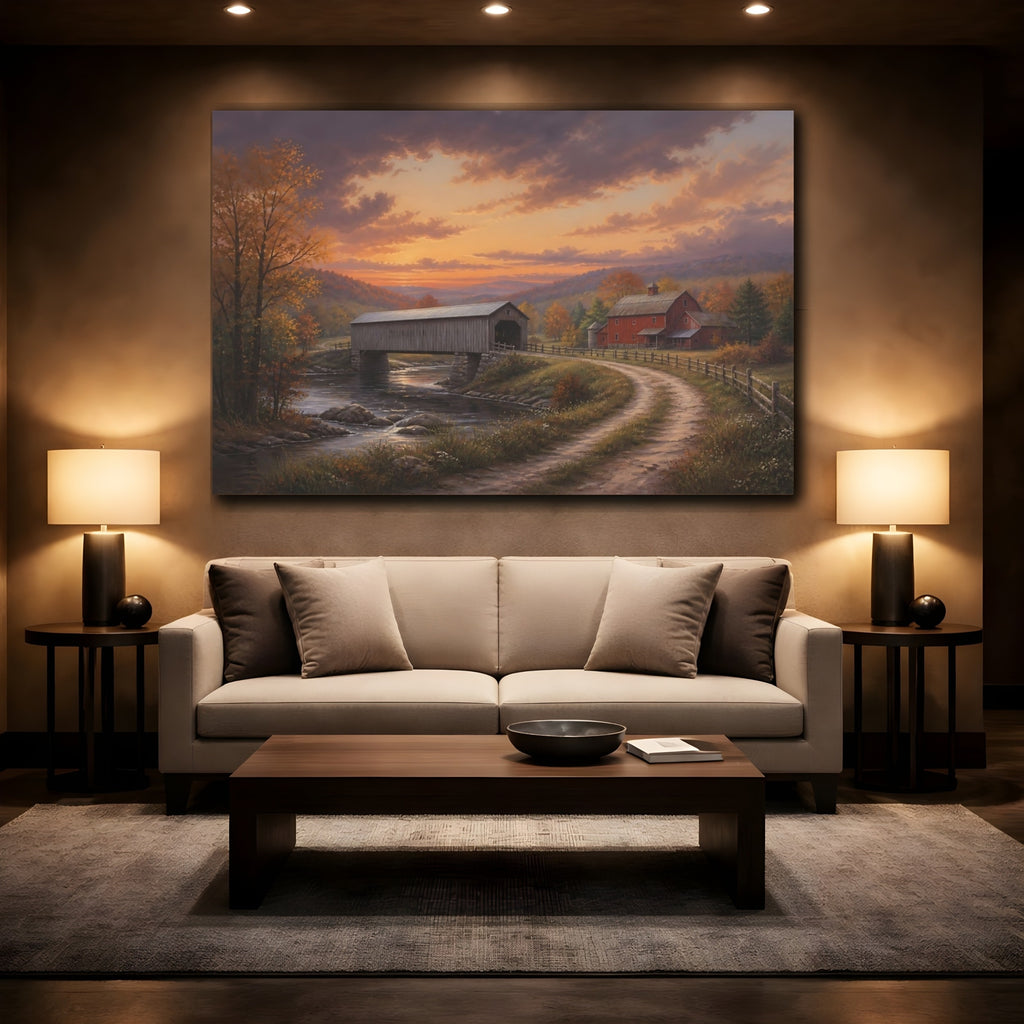 Mockup 2. Nature Covered Bridge Autumn Covered Bridge shown as stretched canvas wall art