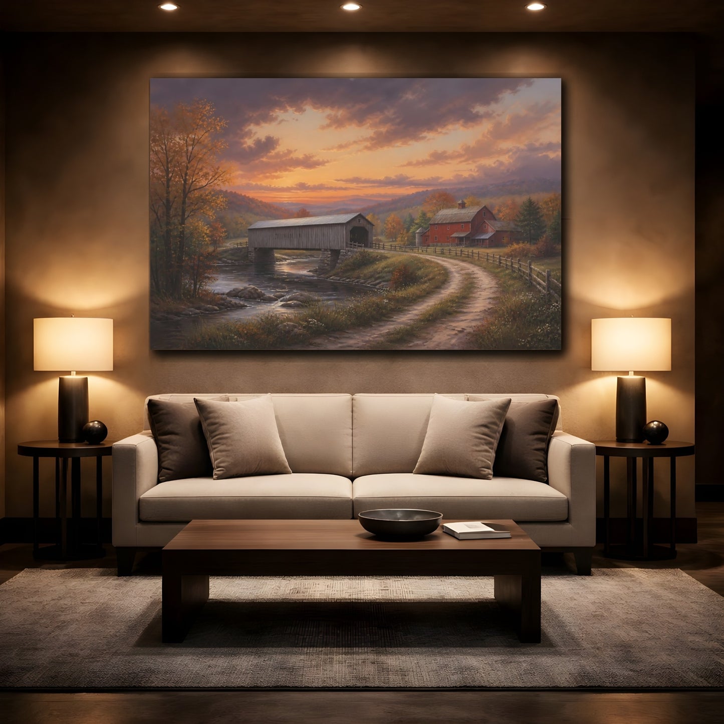 Mockup 2. Nature Covered Bridge Autumn Covered Bridge shown as stretched canvas wall art