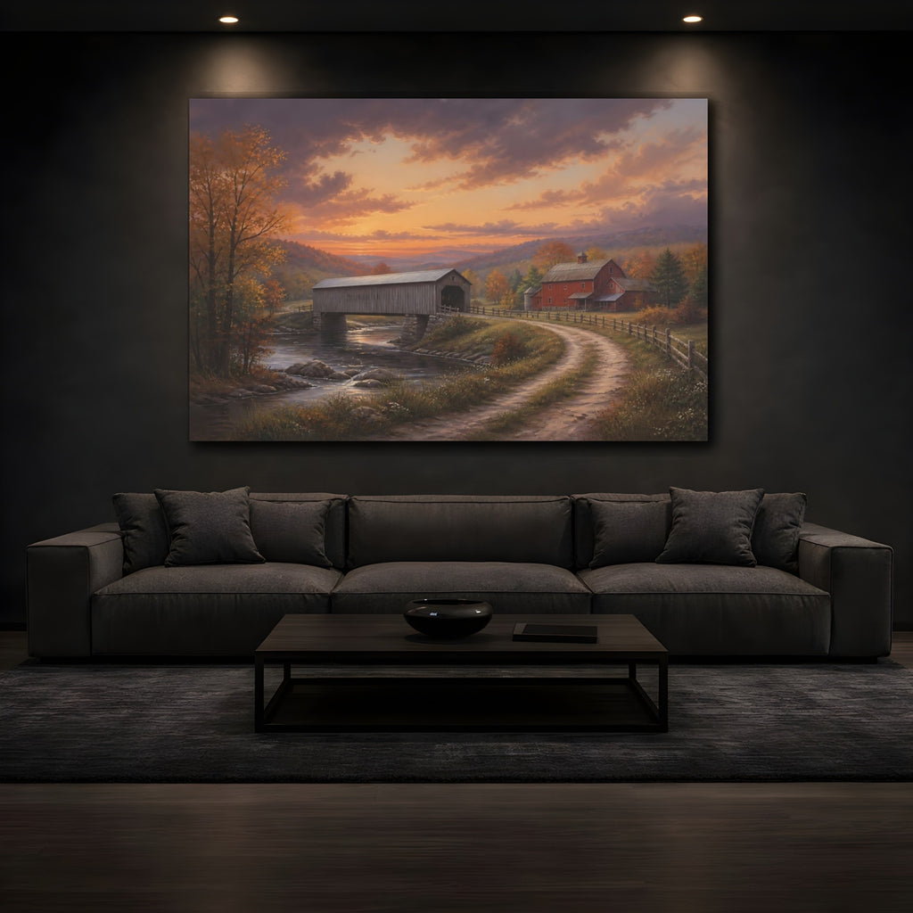 Mockup 3. Nature Covered Bridge Autumn Covered Bridge shown as stretched canvas wall art