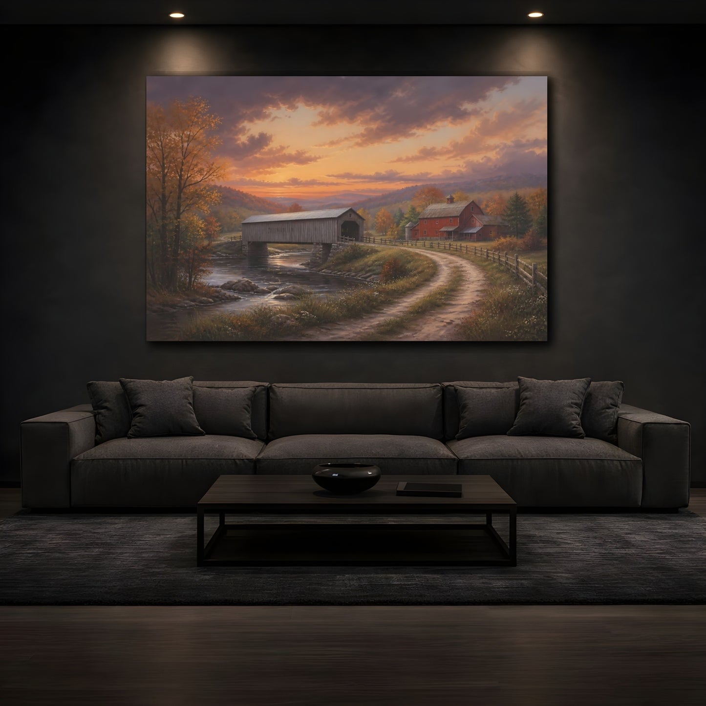 Mockup 3. Nature Covered Bridge Autumn Covered Bridge shown as stretched canvas wall art