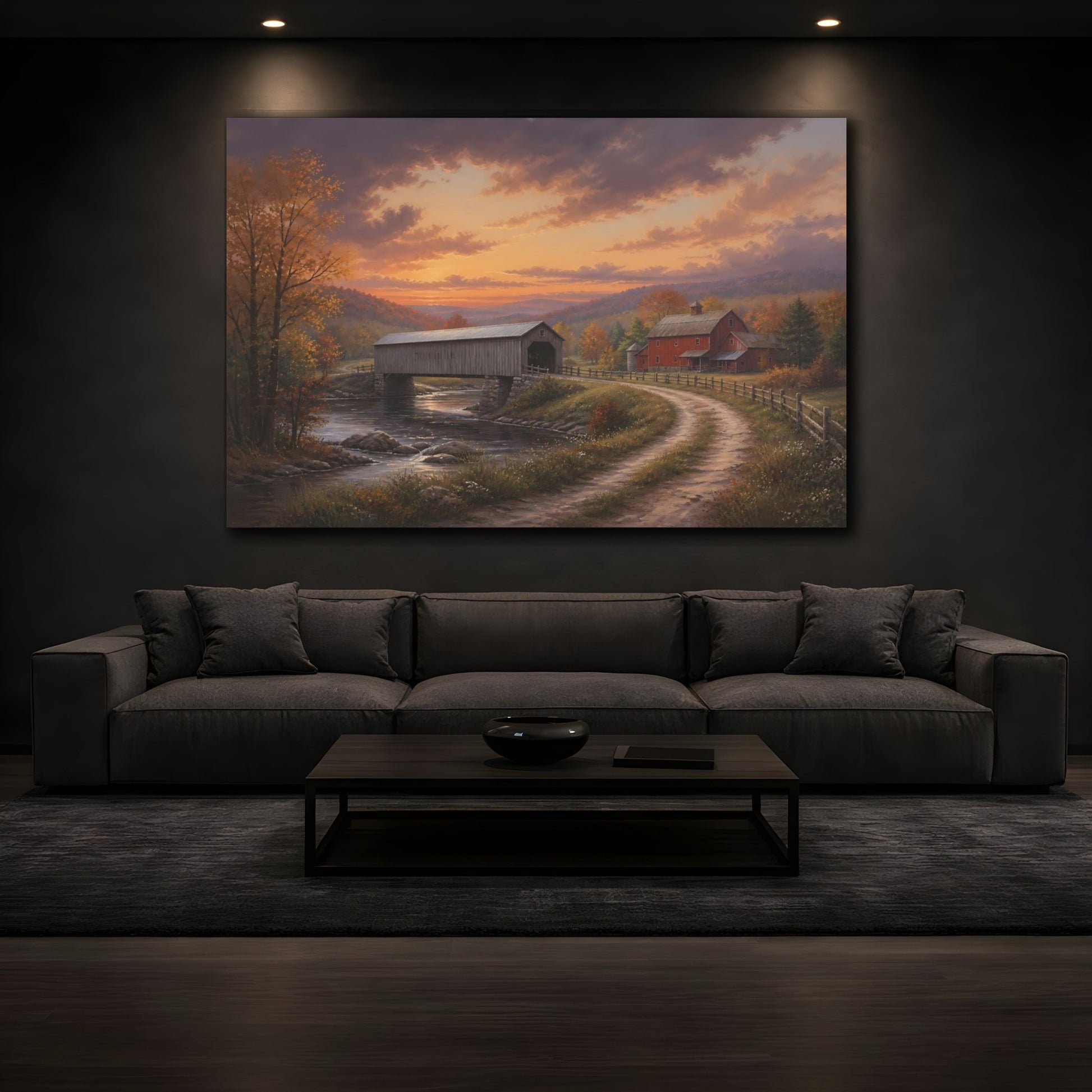 Mockup 3. Nature Covered Bridge Autumn Covered Bridge shown as stretched canvas wall art