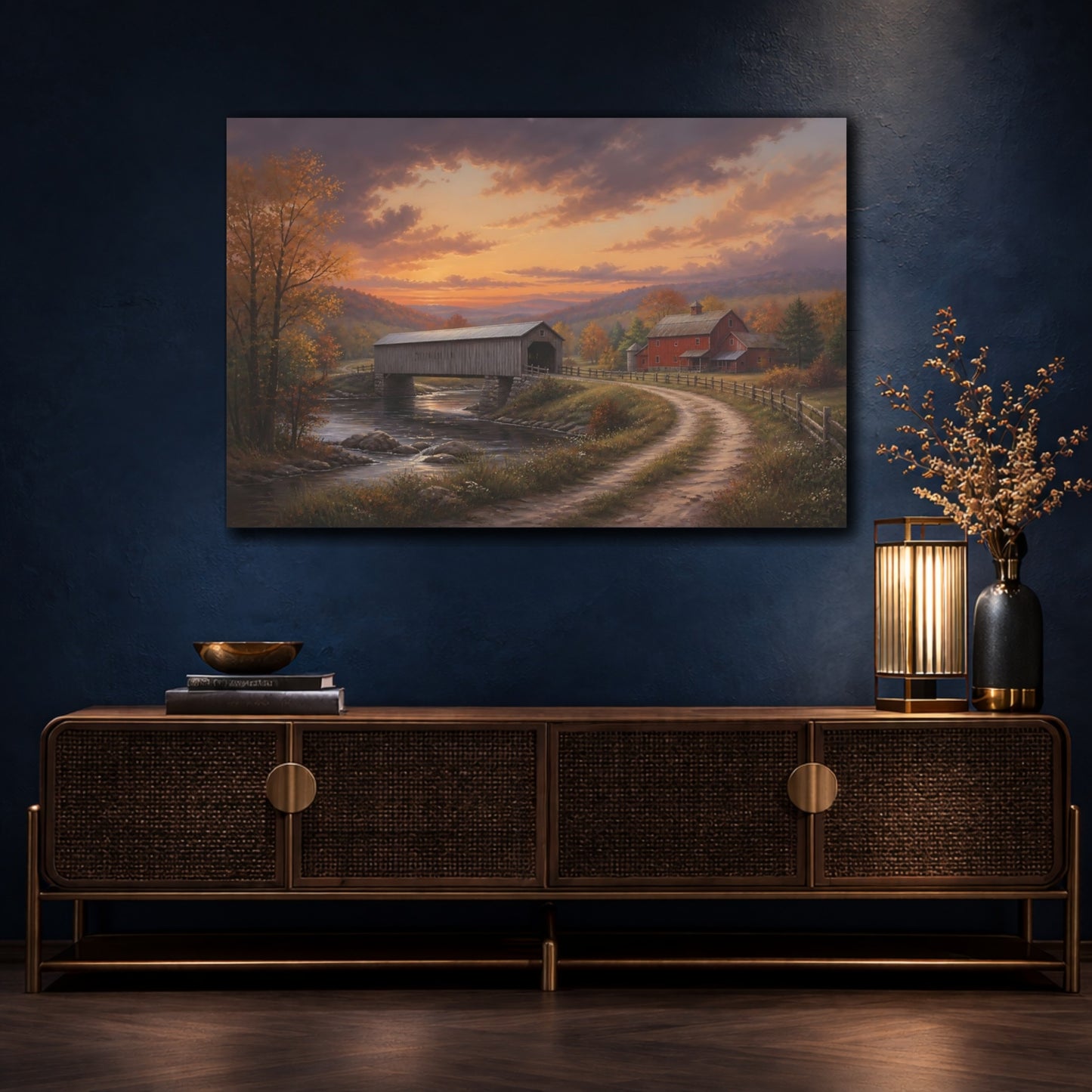 Mockup 4. Nature Covered Bridge Autumn Covered Bridge shown as stretched canvas wall art