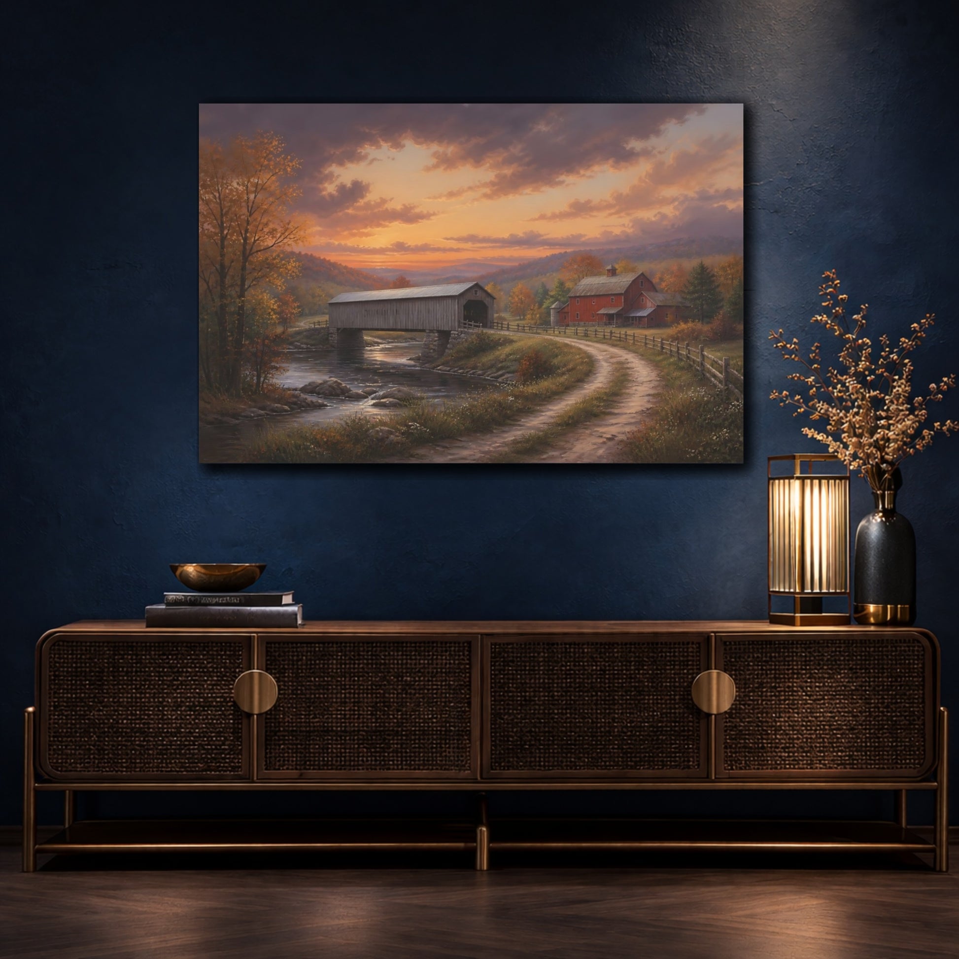 Mockup 4. Nature Covered Bridge Autumn Covered Bridge shown as stretched canvas wall art