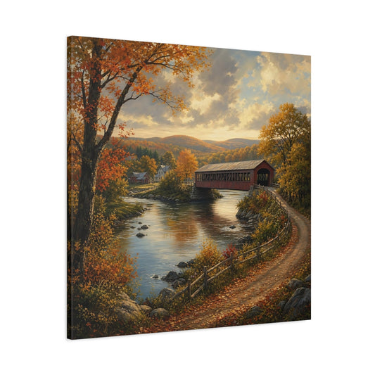 Main Mockup. Nature Covered Bridge Autumn Landscape shown as stretched canvas wall art