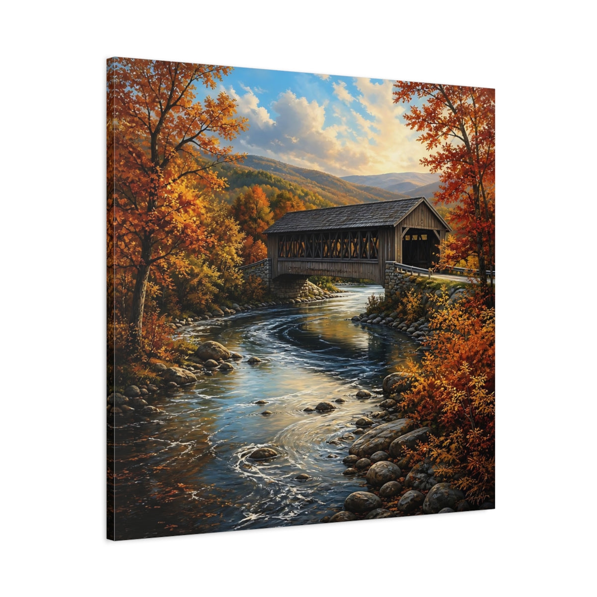 Main Mockup. Nature Covered Bridge Autumn Landscape shown as stretched canvas wall art