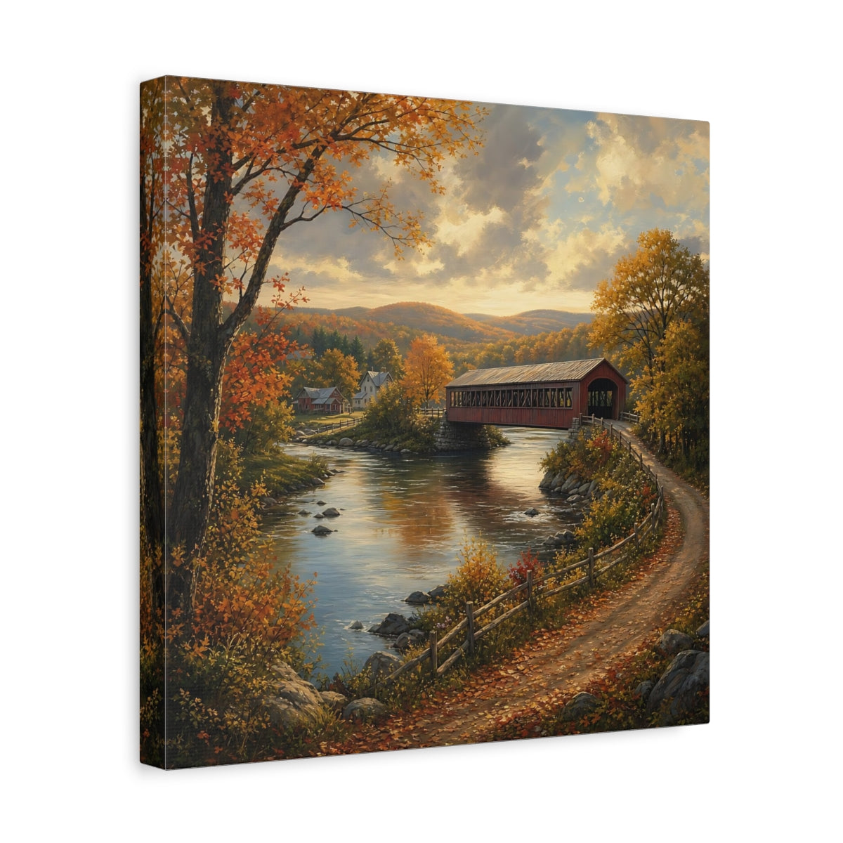 Side Mockup 7. Nature Covered Bridge Autumn Landscape shown as stretched canvas wall art