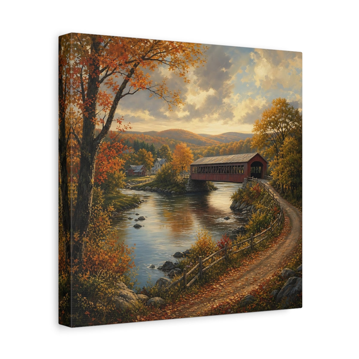 Side Mockup 8. Nature Covered Bridge Autumn Landscape shown as stretched canvas wall art