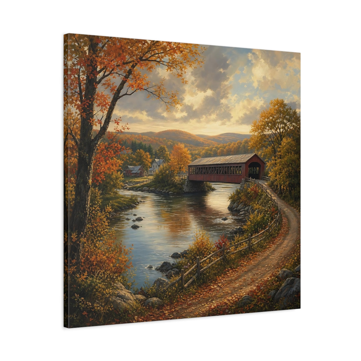 Side Mockup 3. Nature Covered Bridge Autumn Landscape shown as stretched canvas wall art