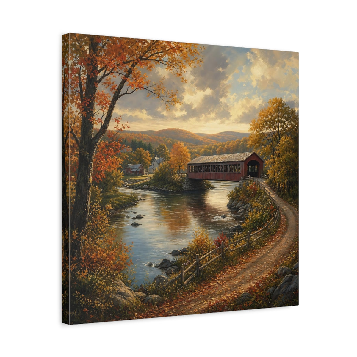 Side Mockup 5. Nature Covered Bridge Autumn Landscape shown as stretched canvas wall art