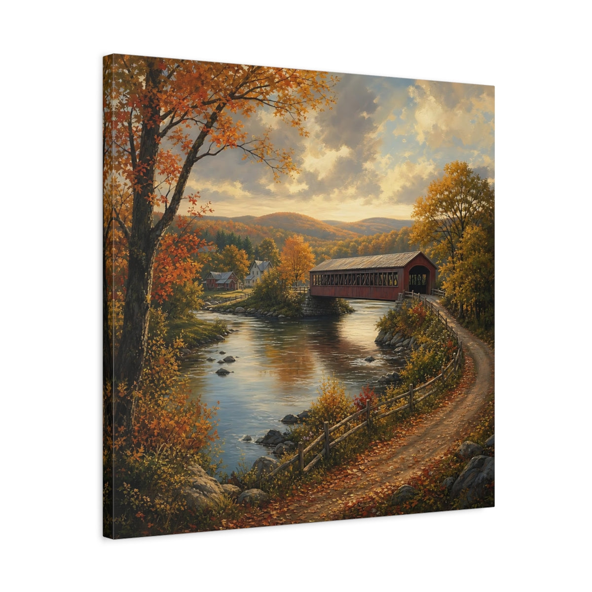 Side Mockup 4. Nature Covered Bridge Autumn Landscape shown as stretched canvas wall art