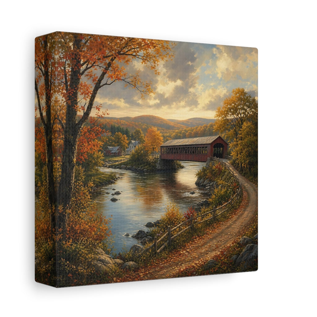 Side Mockup 2. Nature Covered Bridge Autumn Landscape shown as stretched canvas wall art
