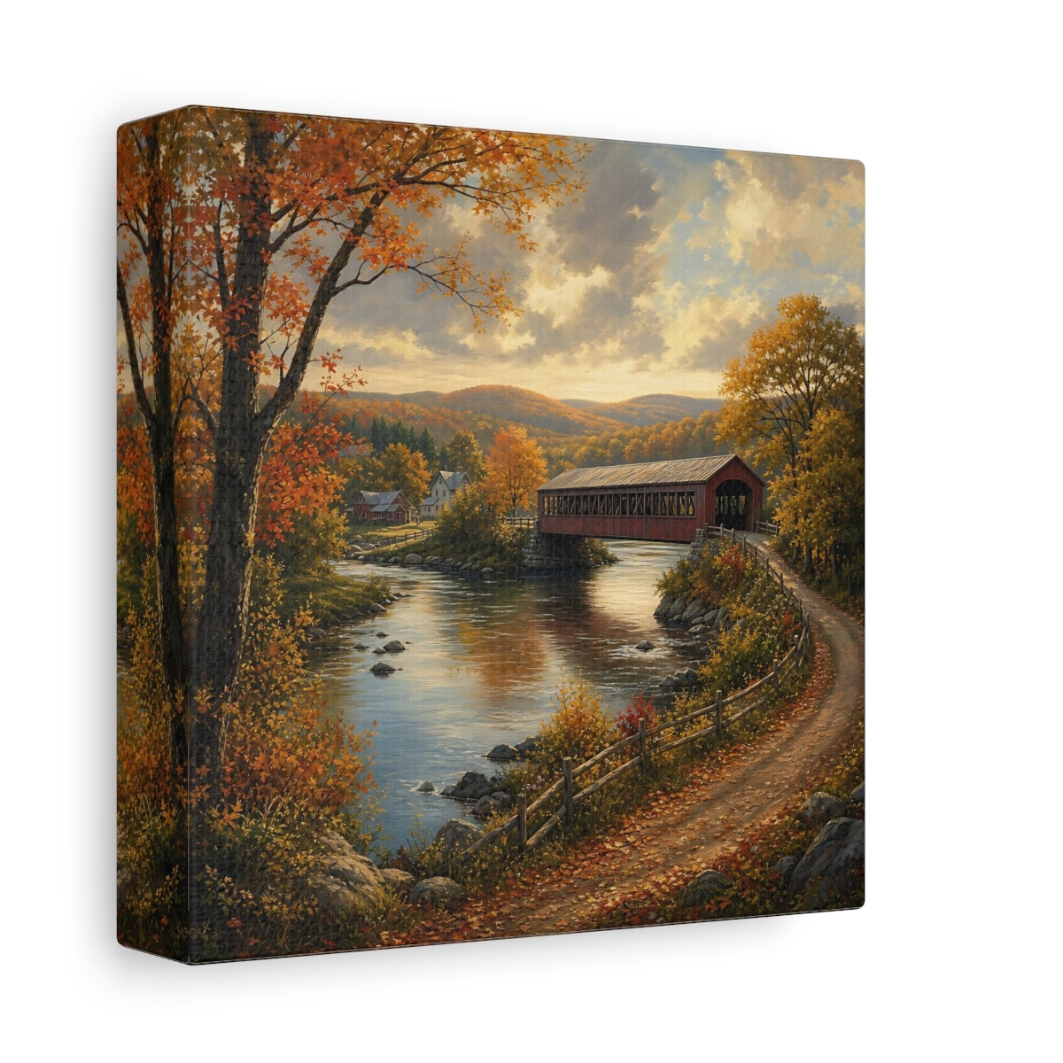 Side Mockup 2. Nature Covered Bridge Autumn Landscape shown as stretched canvas wall art