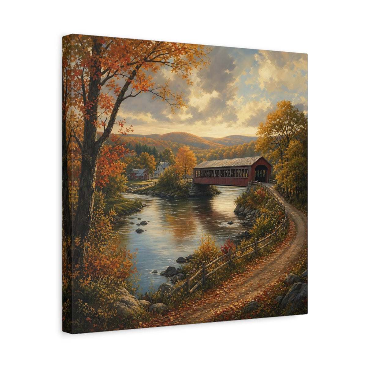 Side Mockup 6. Nature Covered Bridge Autumn Landscape shown as stretched canvas wall art