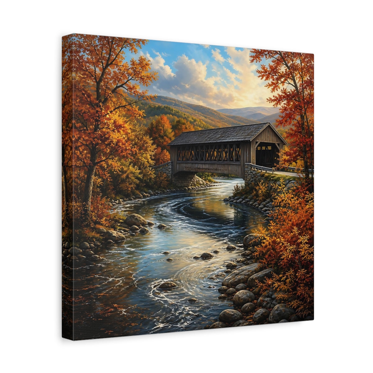 Side Mockup 7. Nature Covered Bridge Autumn Landscape shown as stretched canvas wall art