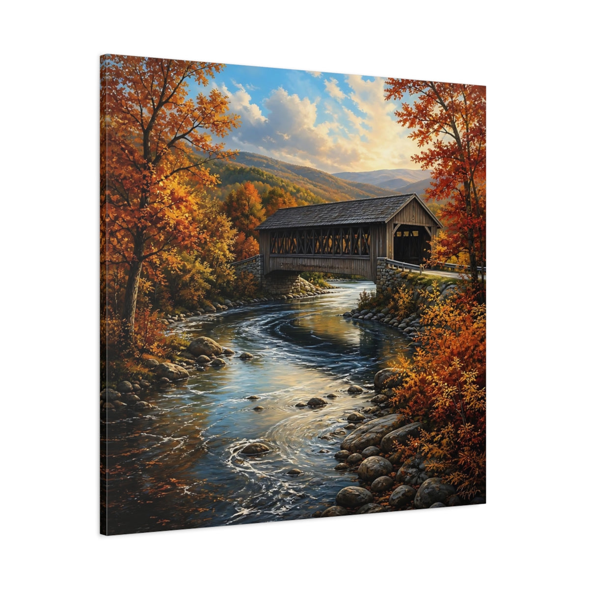 Side Mockup 1. Nature Covered Bridge Autumn Landscape shown as stretched canvas wall art