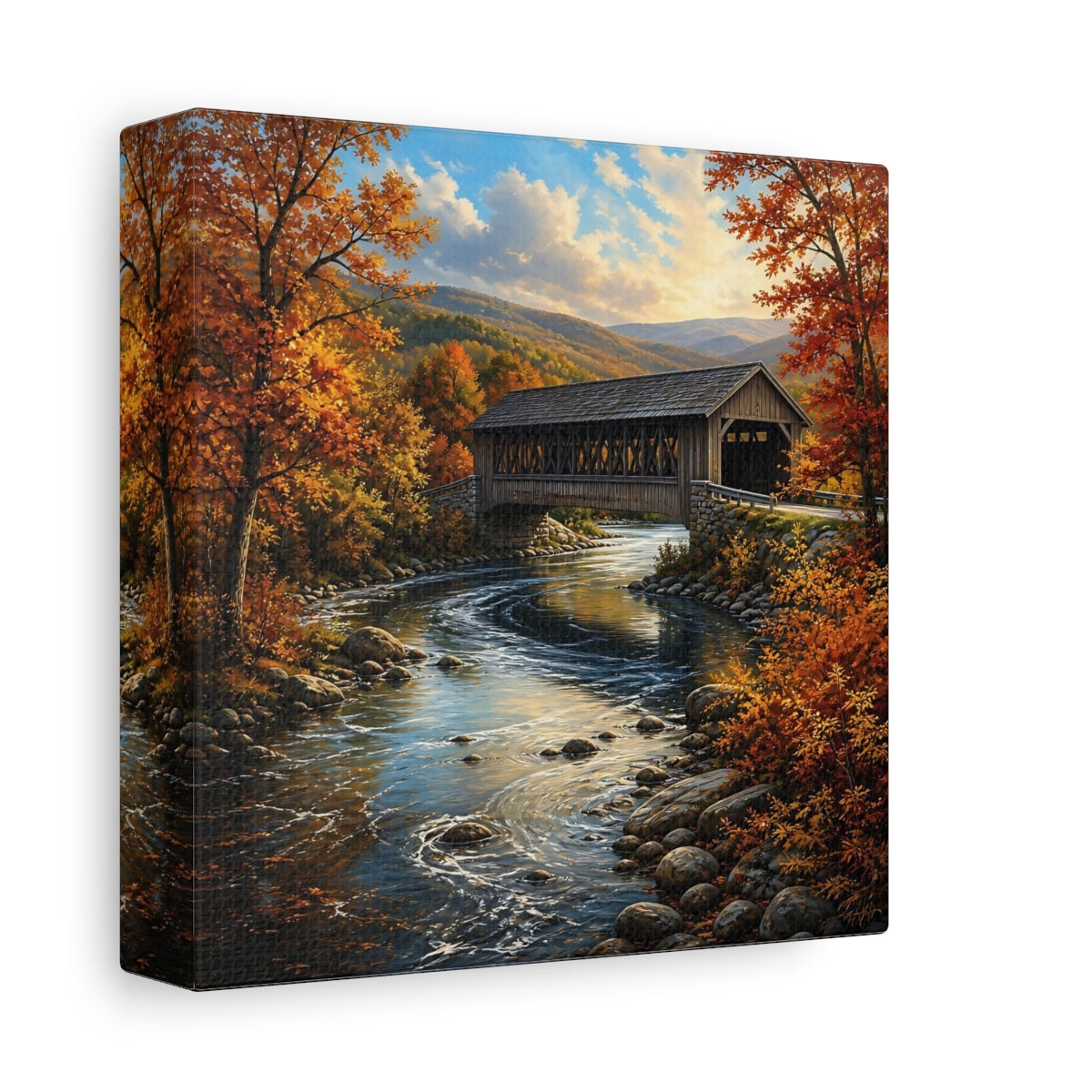 Side Mockup 2. Nature Covered Bridge Autumn Landscape shown as stretched canvas wall art