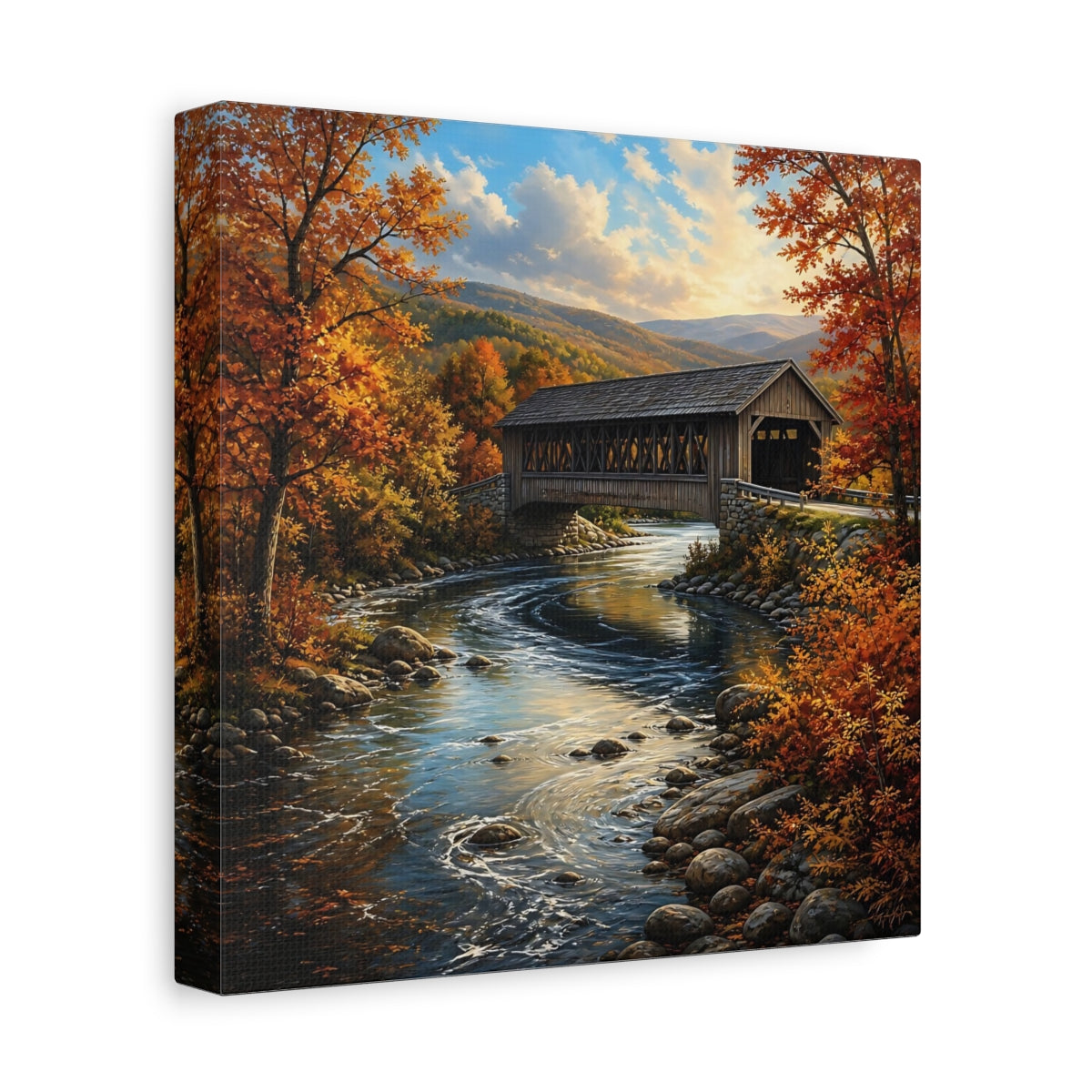 Side Mockup 9. Nature Covered Bridge Autumn Landscape shown as stretched canvas wall art