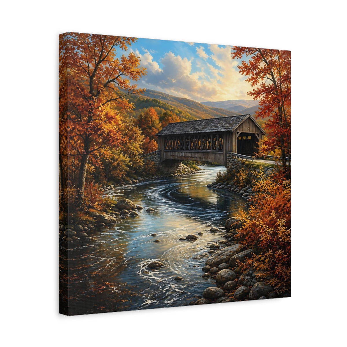Side Mockup 6. Nature Covered Bridge Autumn Landscape shown as stretched canvas wall art