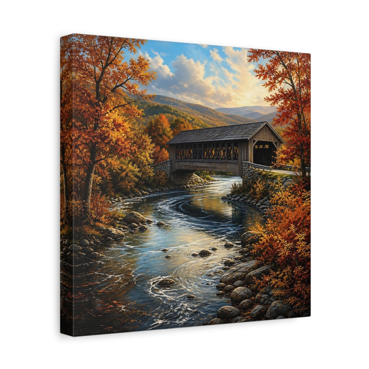 Side Mockup 8. Nature Covered Bridge Autumn Landscape shown as stretched canvas wall art