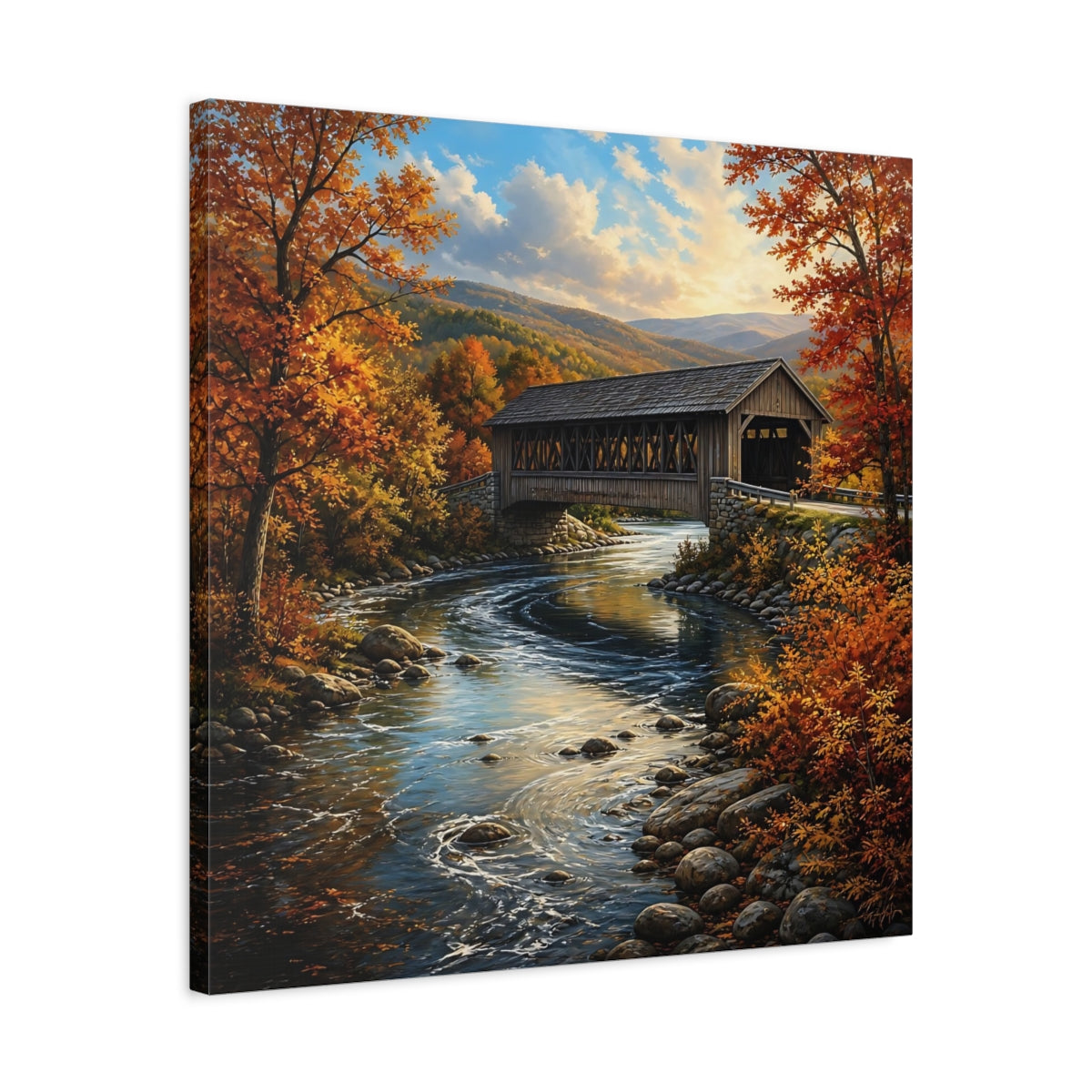 Side Mockup 4. Nature Covered Bridge Autumn Landscape shown as stretched canvas wall art