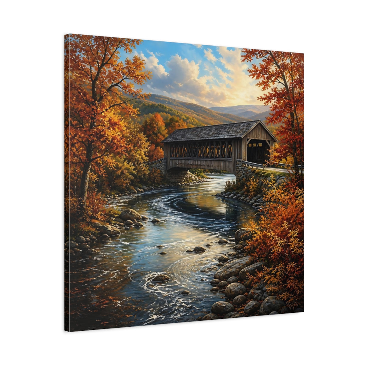 Side Mockup 3. Nature Covered Bridge Autumn Landscape shown as stretched canvas wall art