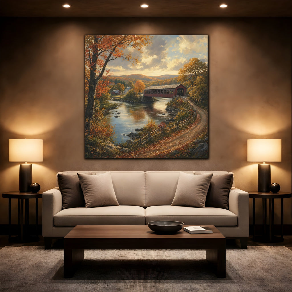 Mockup 2. Nature Covered Bridge Autumn Landscape shown as stretched canvas wall art