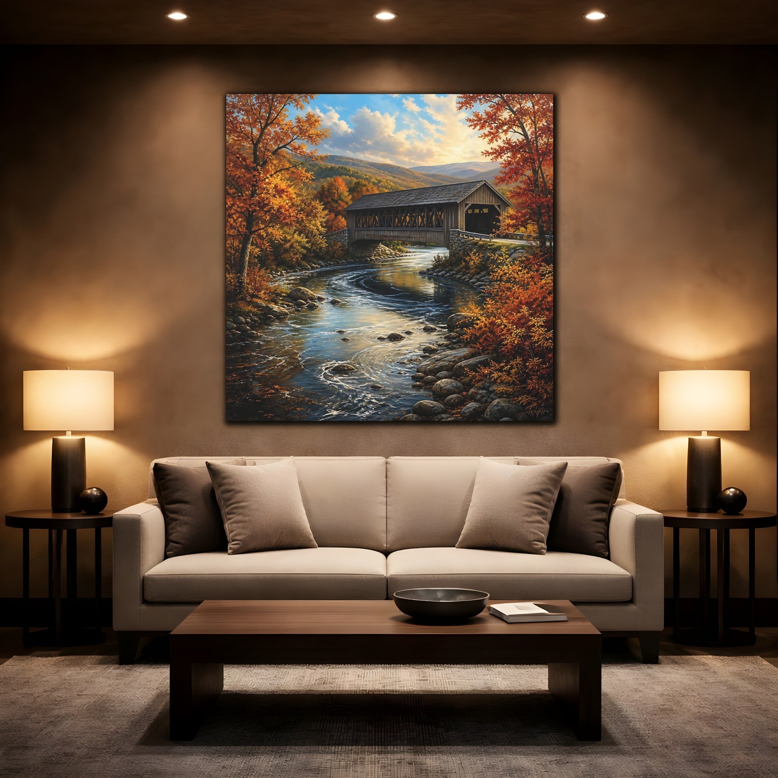 Mockup 2. Nature Covered Bridge Autumn Landscape shown as stretched canvas wall art