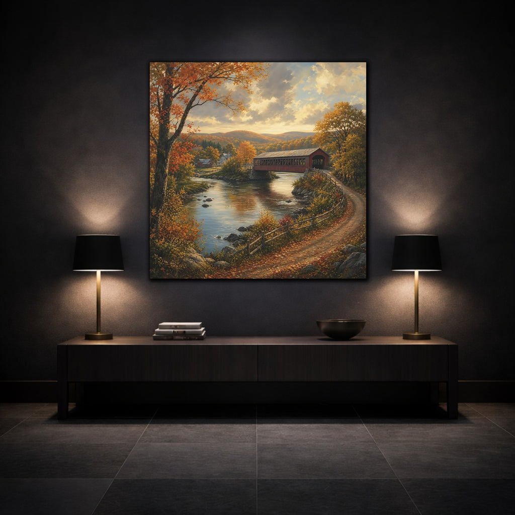 Mockup 3. Nature Covered Bridge Autumn Landscape shown as stretched canvas wall art