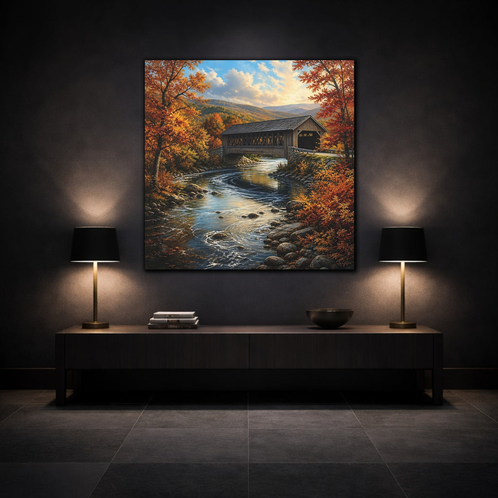 Mockup 3. Nature Covered Bridge Autumn Landscape shown as stretched canvas wall art