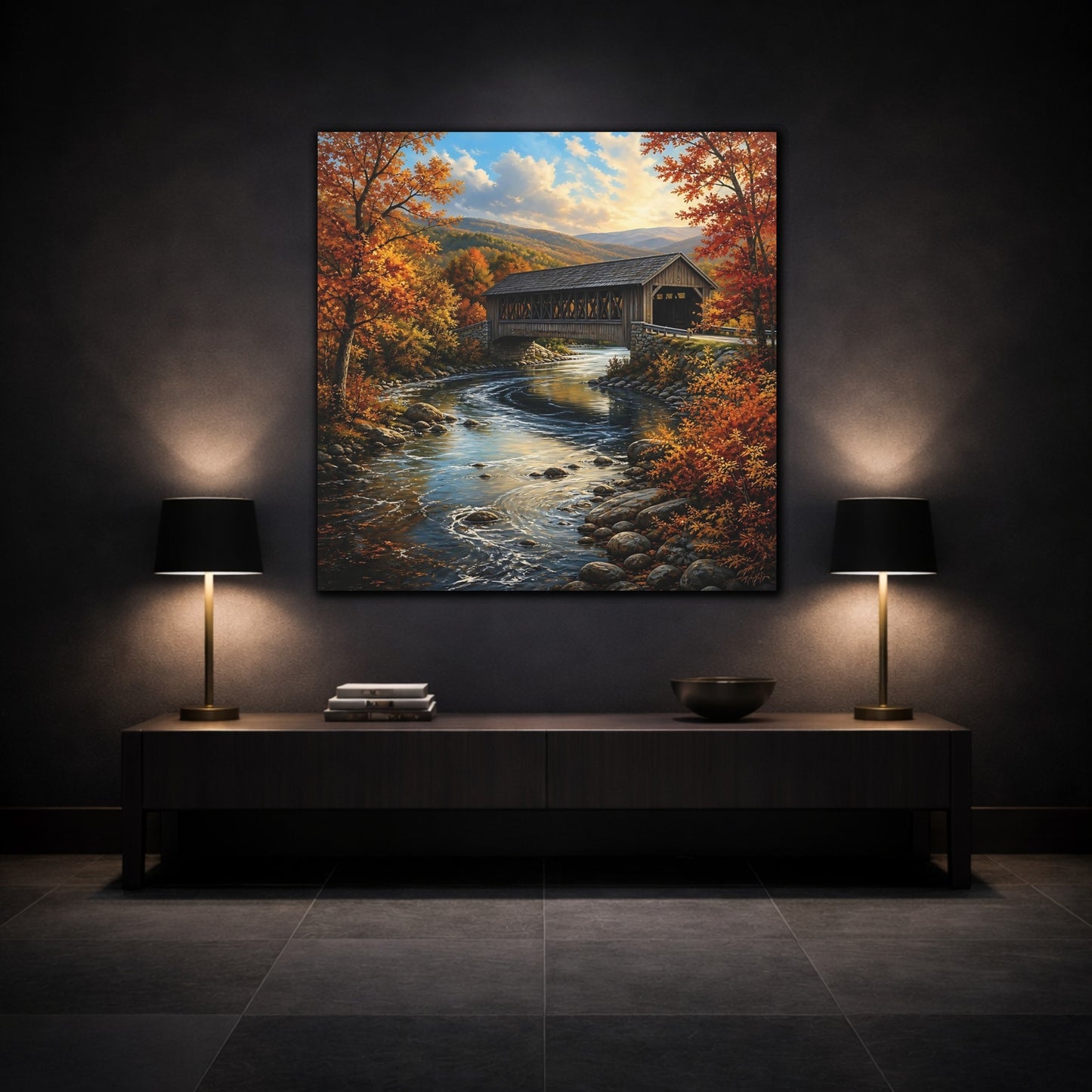 Mockup 3. Nature Covered Bridge Autumn Landscape shown as stretched canvas wall art