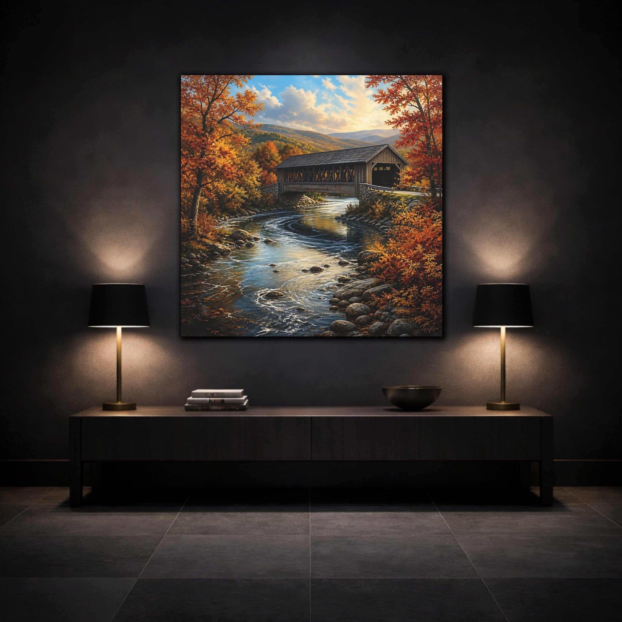 Mockup 3. Nature Covered Bridge Autumn Landscape shown as stretched canvas wall art