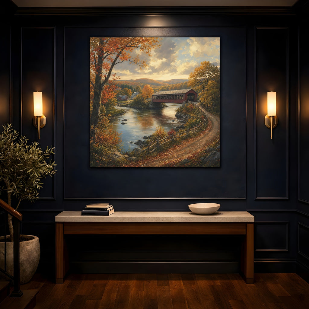 Mockup 4. Nature Covered Bridge Autumn Landscape shown as stretched canvas wall art