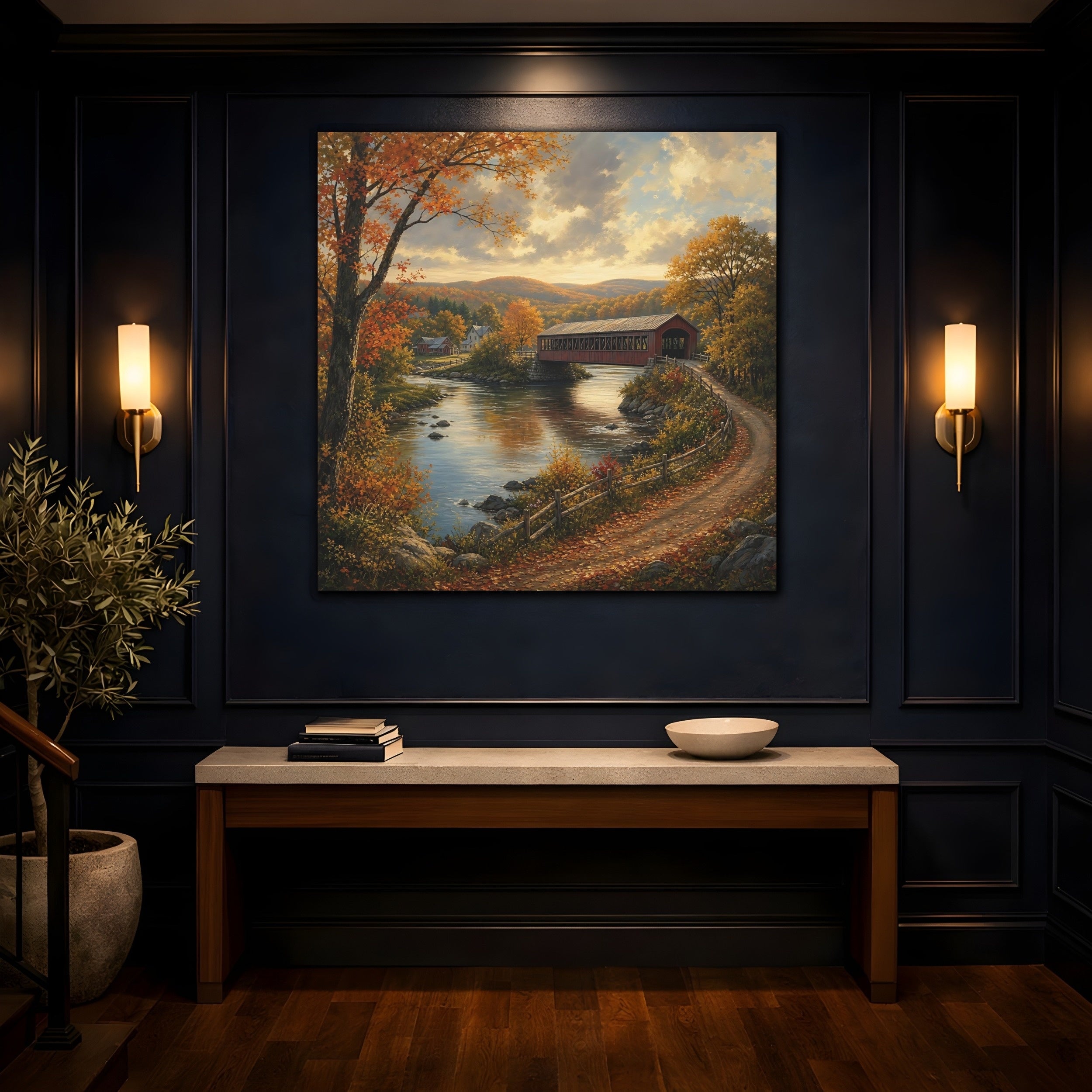 Mockup 4. Nature Covered Bridge Autumn Landscape shown as stretched canvas wall art
