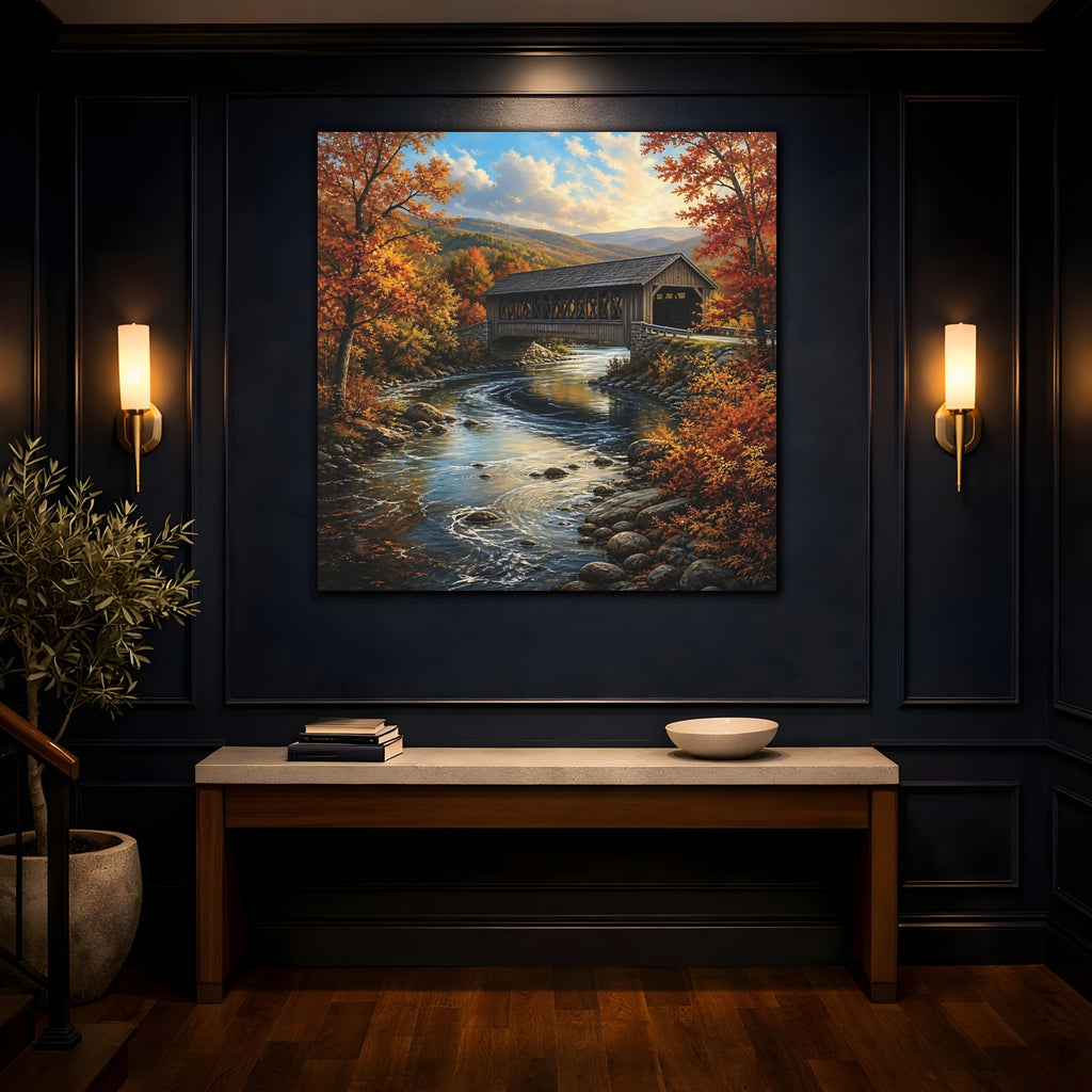 Mockup 4. Nature Covered Bridge Autumn Landscape shown as stretched canvas wall art