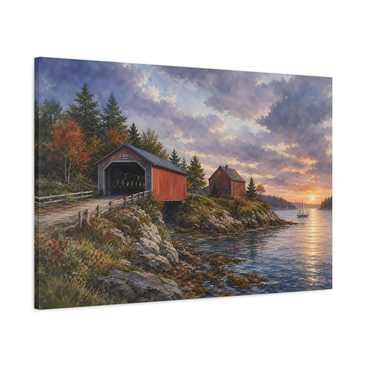 Main Mockup. Nature Covered Bridge Coastal Covered Bridge shown as stretched canvas wall art