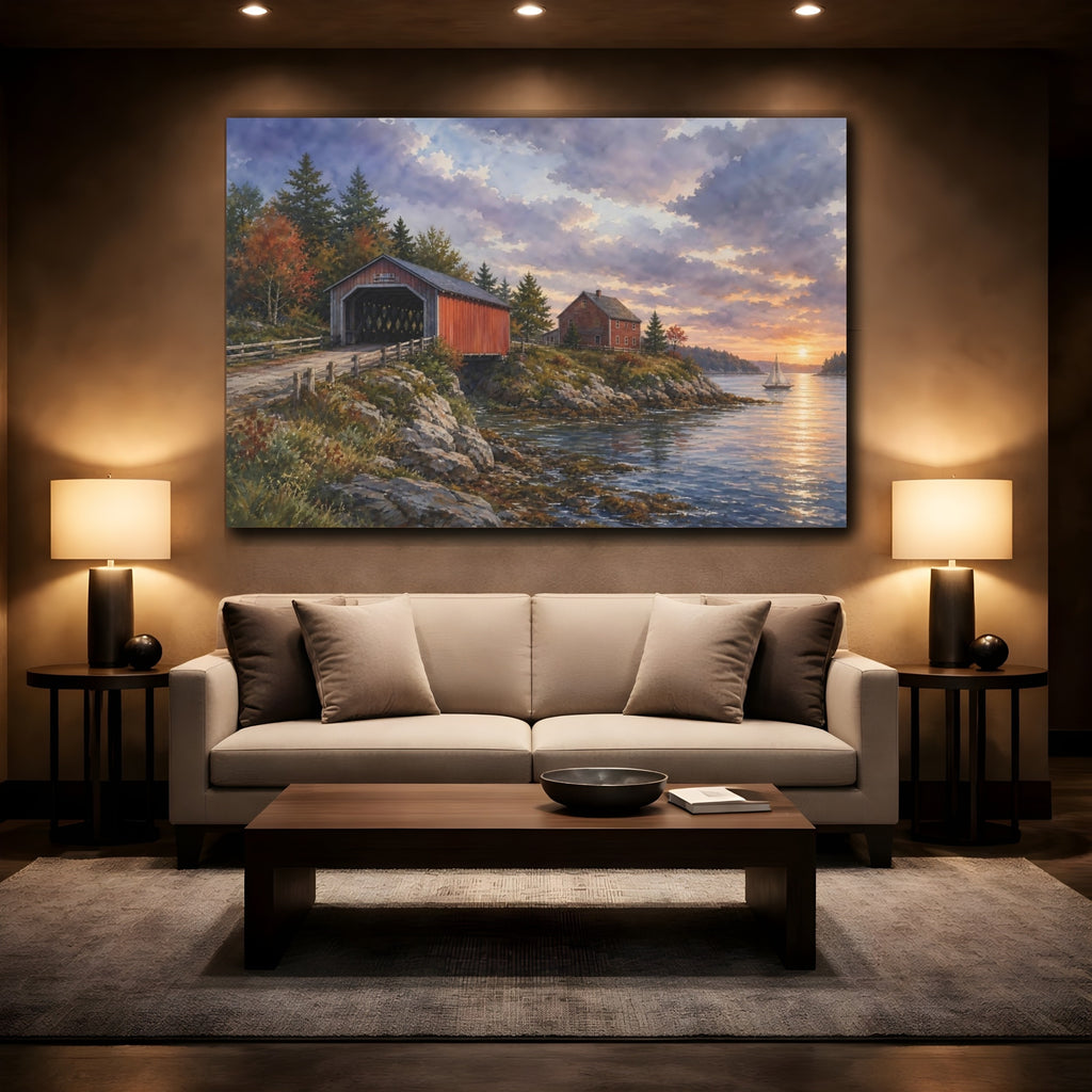 Mockup 2. Nature Covered Bridge Coastal Covered Bridge shown as stretched canvas wall art