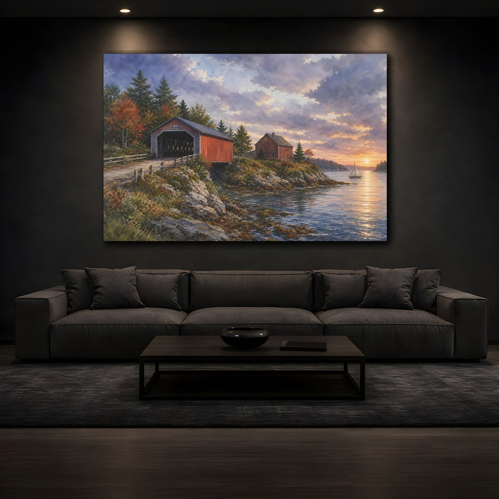 Mockup 3. Nature Covered Bridge Coastal Covered Bridge shown as stretched canvas wall art