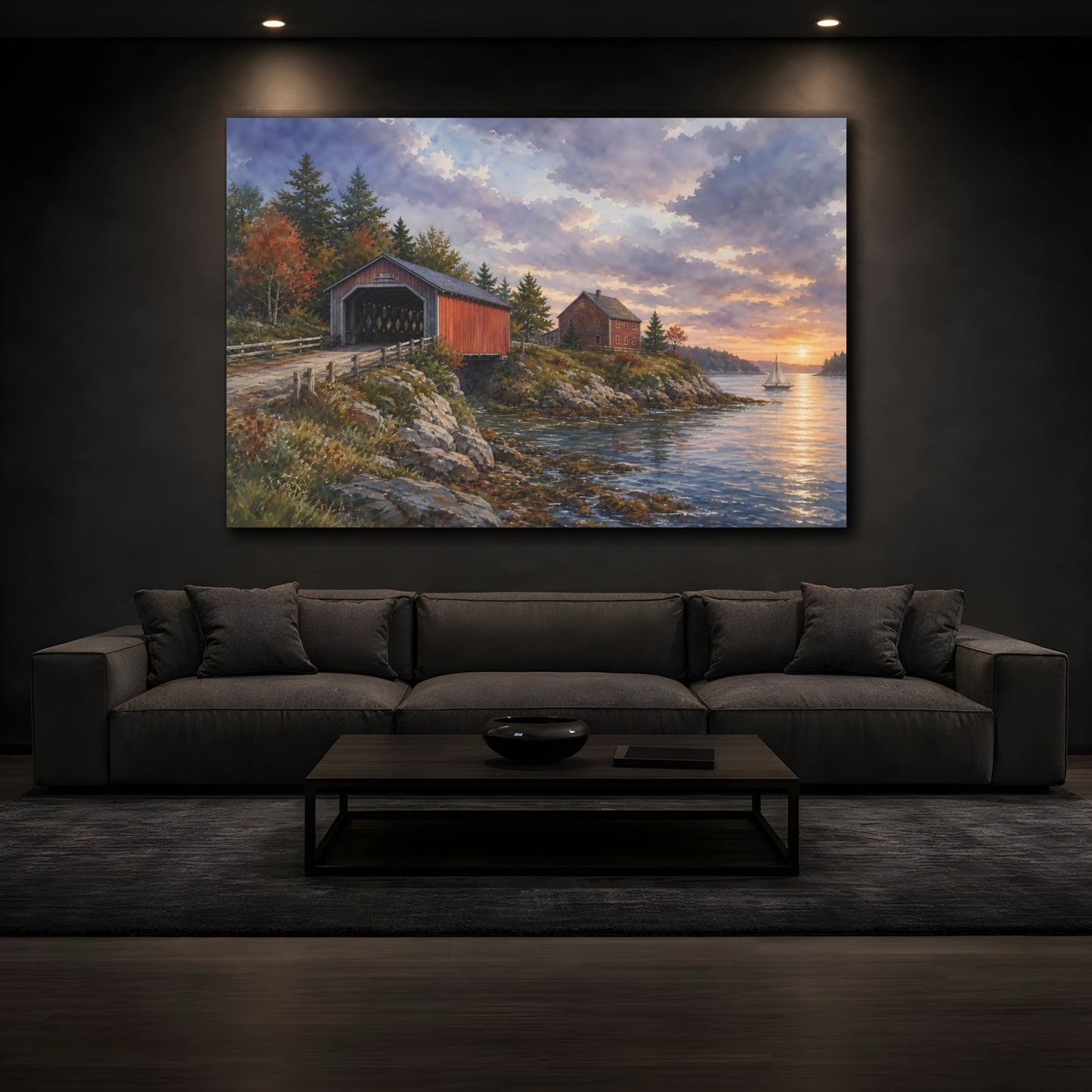 Mockup 3. Nature Covered Bridge Coastal Covered Bridge shown as stretched canvas wall art