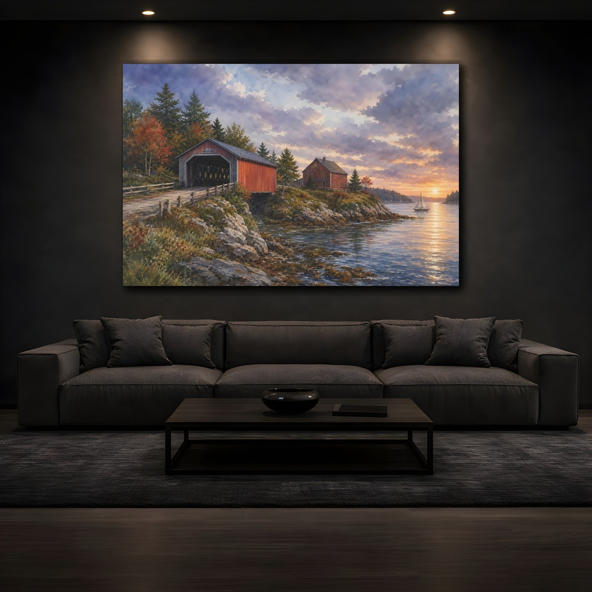 Mockup 3. Nature Covered Bridge Coastal Covered Bridge shown as stretched canvas wall art