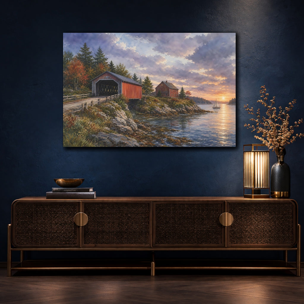 Mockup 4. Nature Covered Bridge Coastal Covered Bridge shown as stretched canvas wall art