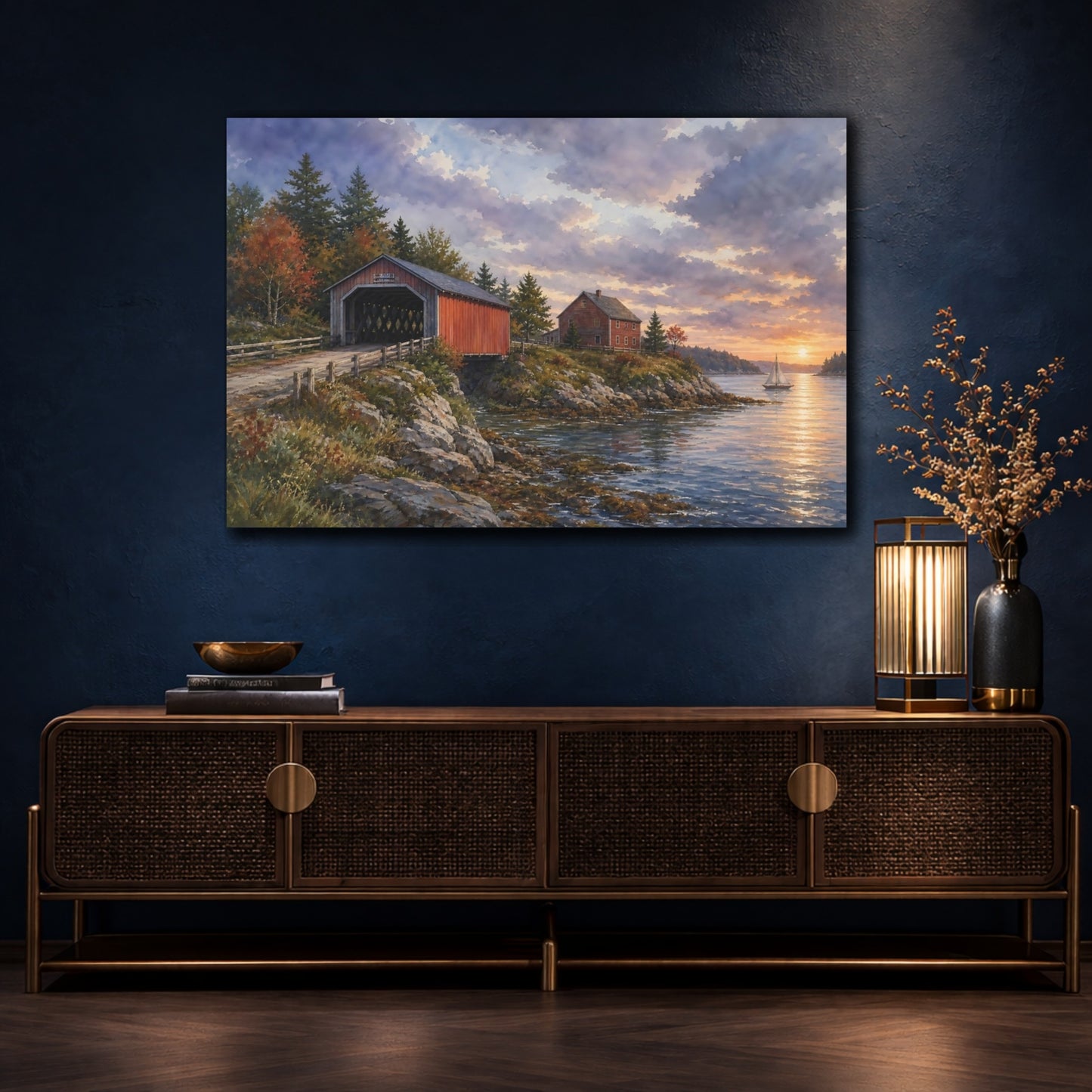 Mockup 4. Nature Covered Bridge Coastal Covered Bridge shown as stretched canvas wall art